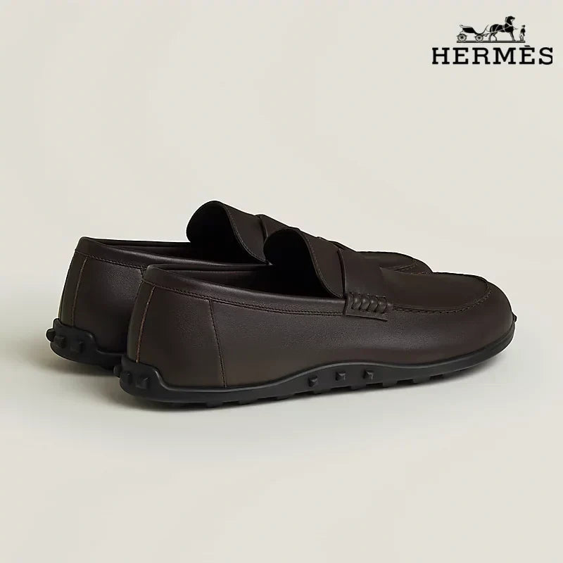 Herm¨¨s Dark Brown Leather Driving Loafer with Studded Sole