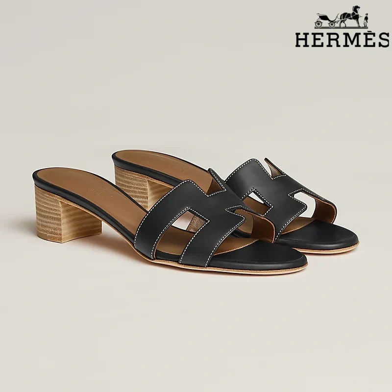 Herm¨¨s Black Leather Heeled Slide Sandals