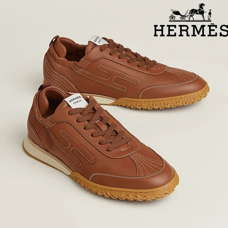 Herm¨¨s womens shoes men sneaker Tan Leather Stitched Sneaker