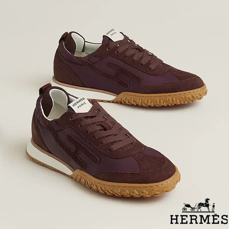 Herm¨¨s Burgundy Mixed Fabric Retro Sneakers
