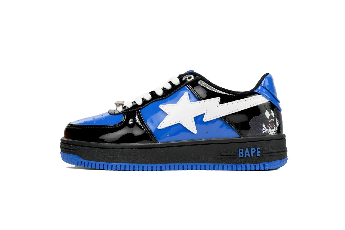 A BATHING APE BAPE STA Glossy Black & Royal Blue Graphic Sneakers | Women's & Men's Skate-Inspired Shoes