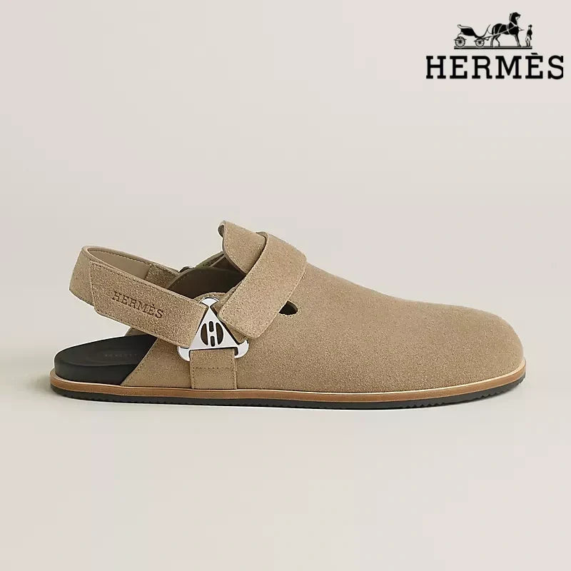 Herm¨¨s Light Khaki Suede Slingback Mules with Silver H Turnlock