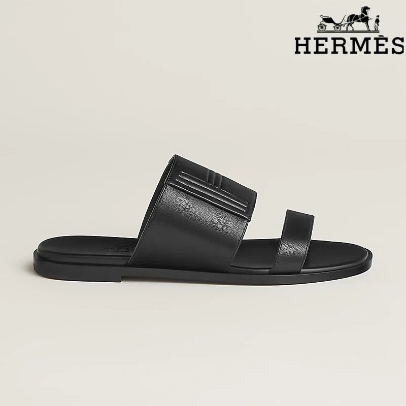 Herm¨¨s Black Calfskin Two-Strap Flat Slide Sandals
