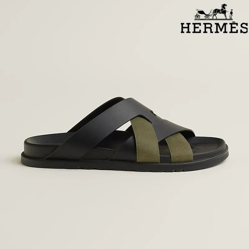 Herm¨¨s Black Leather and Olive Webbing Cross-Strap Slide Sandals