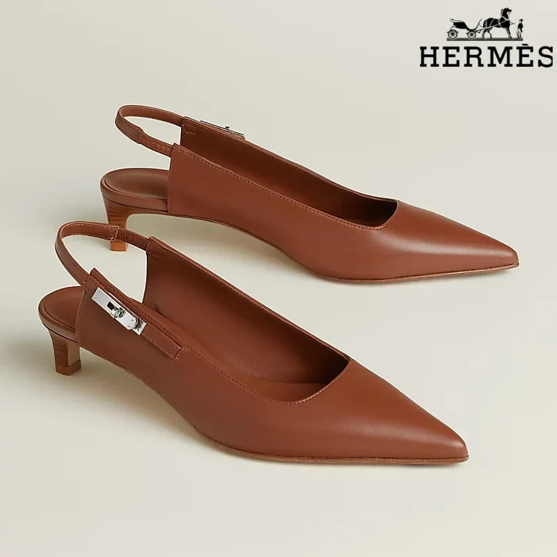 Herm¨¨s Brown Leather Slingback Kitten Heels