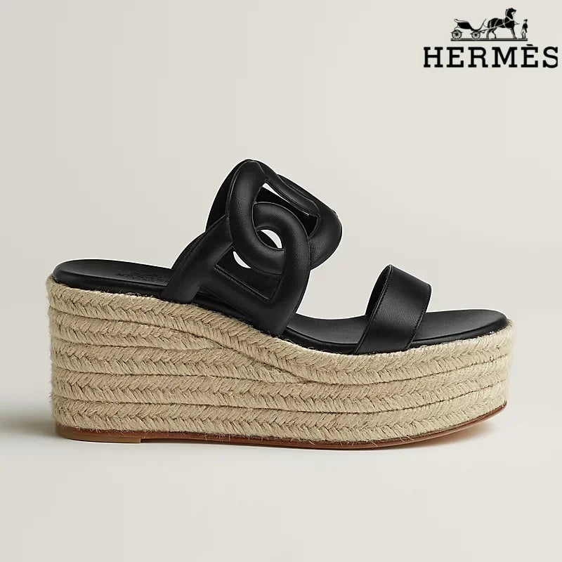 Herm¨¨s Black Leather Wedge Espadrille Sandal