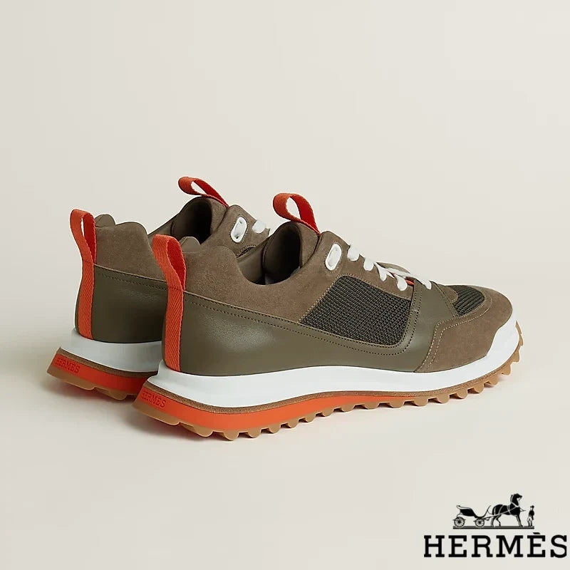 Herm¨¨s Khaki Mixed Fabric Hiking Sneakers