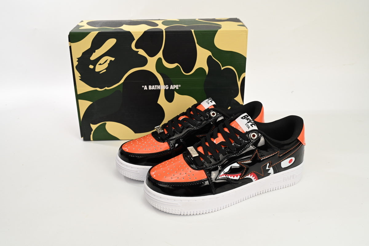 A BATHING APE BAPE STA Black & Orange Shark Graphic Sneakers | Women's & Men's Skate-Inspired Shoes